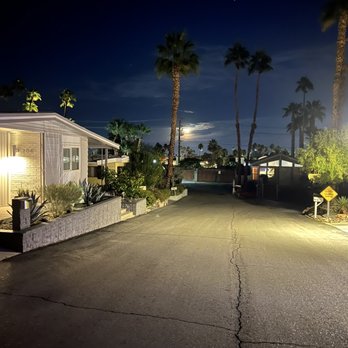 Parkview Mobile Estates - View of one of the streets in the park at night. - Real Estate Near Me - Palm Springs, California Parkview Mobile Estates - View of one of the streets in the park at night. - Real Estate Near Me - Palm Springs, California