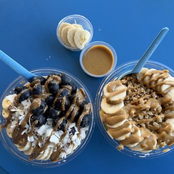 Playa Bowls - Side of PB & Bananas for pups  Left -  Mango Power  Right - Olas- Banana Bowl - Coffee & Tea Near Me - Austin, Texas