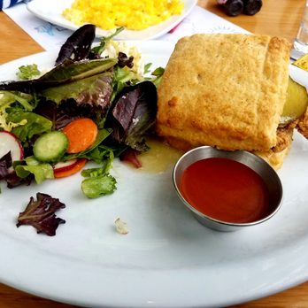 Graze - Fried chicken biscuit sandwich (hot sauce on the side) - New American Near Me - Madison, Wisconsin Graze - Fried chicken biscuit sandwich (hot sauce on the side) - New American Near Me - Madison, Wisconsin