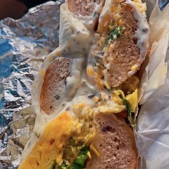 The Bagelry - Scrambled Eggs on a Toasted Bagel Cheese Louise Sandwich - Bagels Near Me - Santa Cruz, California