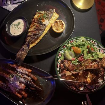 Habibi Miami - branzino, chicken skewers, carrots - Mediterranean Near Me - Miami, Florida Habibi Miami - branzino, chicken skewers, carrots - Mediterranean Near Me - Miami, Florida