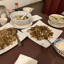 Beef Chow Fun, moo Mu Shu Por, shrimp soup.