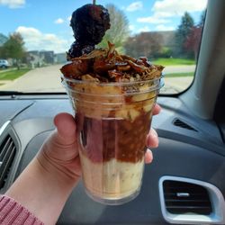 Clyde's Pit - Bloody Mary (layered loaded mashed potatoes, beans, mac and cheese, smoked chicken and a meatball skewer)