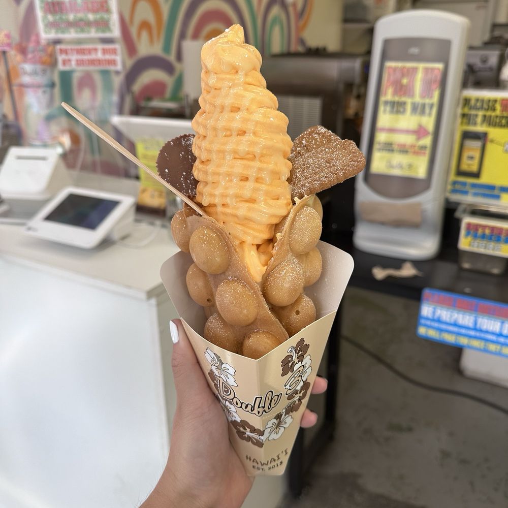 Double Three - Birthday cake ice cream, biscoff cookie, Reese's pb cups, condensed milk, bubble waffle - Ice Cream & Frozen Yogurt Near Me - Honolulu, Hawaii Double Three - Birthday cake ice cream, biscoff cookie, Reese's pb cups, condensed milk, bubble waffle - Ice Cream & Frozen Yogurt Near Me - Honolulu, Hawaii