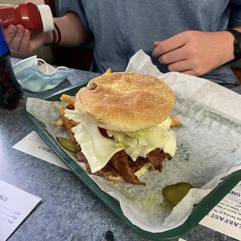Eagles Nest Restaurant - Bacon Burger. It costs extra for lettuce and cheese. - Seafood Near Me - Brewer, Maine Eagles Nest Restaurant - Bacon Burger. It costs extra for lettuce and cheese. - Seafood Near Me - Brewer, Maine