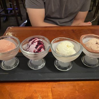 Braised Onion - flight of ice-cream (from left to right: strawberry, blueberry, vanilla, chocolate) - New American Near Me - Ocala, Florida Braised Onion - flight of ice-cream (from left to right: strawberry, blueberry, vanilla, chocolate) - New American Near Me - Ocala, Florida