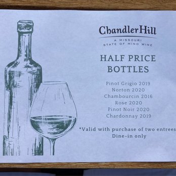 Chandler Hill Vineyards - Wednesday 1/2 price wine - Wineries Near Me - Defiance, Missouri Chandler Hill Vineyards - Wednesday 1/2 price wine - Wineries Near Me - Defiance, Missouri