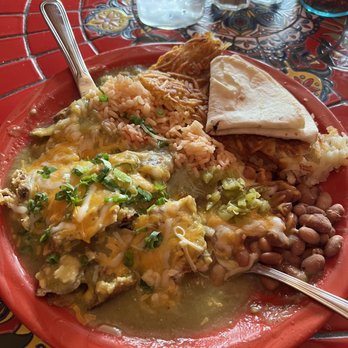 MartAnne's - Chilaquile with green sauce, beans, rice, hash browns and flour tortilla. - Breakfast & Brunch Near Me - Flagstaff, Arizona