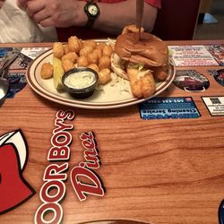Poor Boy’s Diner - Fried haddock sandwich and tater tot's and Mac daddy grinder and tumbleweed ( onion rings)