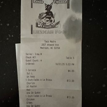 Taco Madre - Receipt on 10/31/2025 - Desserts Near Me - Madison, Wisconsin Taco Madre - Receipt on 10/31/2025 - Desserts Near Me - Madison, Wisconsin