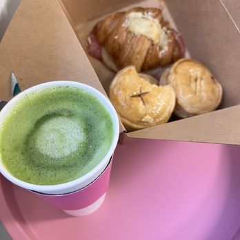 Cafe Tropical - Matcha Latte with Chicken Croqueta, Ham and Cheese Butter Croissant - Cafes Near Me - Los Angeles, California