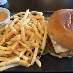 Fried chicken sandwich with fries