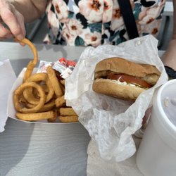 Phillips Drive-In - Grilled Chicken sandwich with onion ring basket and tea