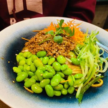 Yu Noodles - Sesame paste dry noodles with pork, edamame, cucumbers and carrots - Chinese Near Me - Fairfax, Virginia Yu Noodles - Sesame paste dry noodles with pork, edamame, cucumbers and carrots - Chinese Near Me - Fairfax, Virginia