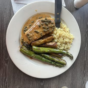 The Lobster Trap - Swordfish, asparagus, zucchini and pilaf rice with lemon capes cause - Seafood Near Me - Avalon, California The Lobster Trap - Swordfish, asparagus, zucchini and pilaf rice with lemon capes cause - Seafood Near Me - Avalon, California