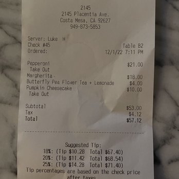 2145 Eats - This is the bill for dinner - Pizza Near Me - Costa Mesa, California