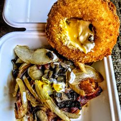 m2o Burgers & Salads - M2O Burger plus fried onions and mushrooms on whole wheat bun.