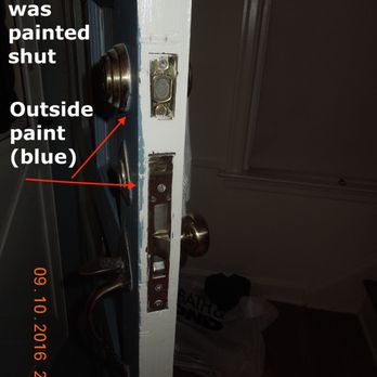 JNG Painting - Painted the front door shut. Blue paint on inside door edge and front lockset. - Painters Near Me JNG Painting - Painted the front door shut. Blue paint on inside door edge and front lockset. - Painters Near Me