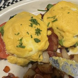 Eggs Benedict. You can tell the sauce is congeal on top .