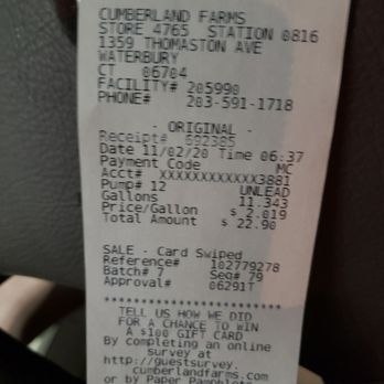 Cumberland Farms - the receipt for the vehicle - Gas Stations Near Me - Waterbury, Connecticut Cumberland Farms - the receipt for the vehicle - Gas Stations Near Me - Waterbury, Connecticut