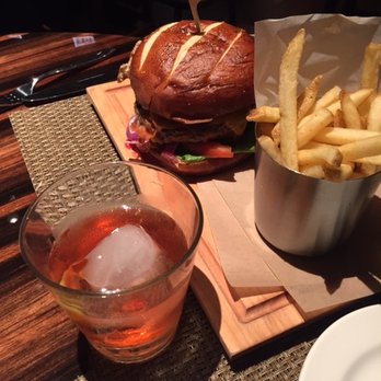 Roanoke - Prime Burger with a side of Fries + the Rhone Madalle cocktail. - Cocktail Bars Near Me - Chicago, Illinois