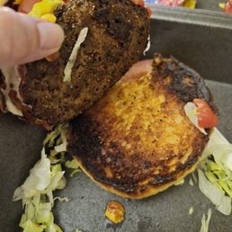 Burnt buns and over done patty.