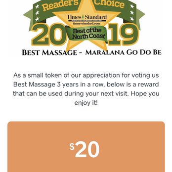 Maralana  Go Do Be - $20 off 90 minute Massage til July 31 when you mention this ad at checkout - Massage Near Me - Eureka, California