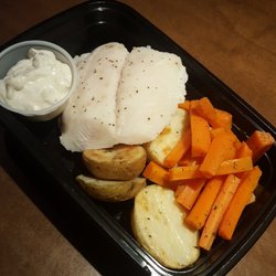 Jon's Newtrition Kitchen - Basa, potatoes, carrot Styx & yogurt tarter sauce.