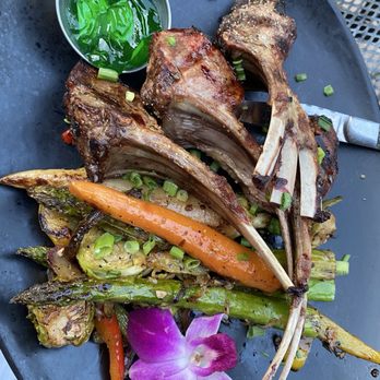Flat Top Bar and Grill - Lamb pops with Brussels sprouts, carrots, bell pepper and asparagus (veggie medley) - Pubs Near Me - Riverside, California Flat Top Bar and Grill - Lamb pops with Brussels sprouts, carrots, bell pepper and asparagus (veggie medley) - Pubs Near Me - Riverside, California