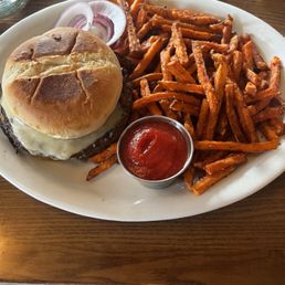 Bison burger + sweet potato fries Bison burger + sweet potato fries