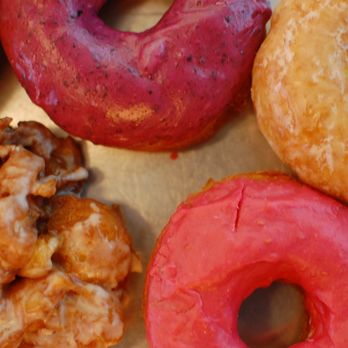 Johnny Doughnuts - (Clockwise from the top) Blueberry, glazed, Raspberry, and apple fritter - Donuts Near Me - San Rafael, California