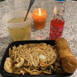 A little Chinese food date night set up! Chicken lo mein, egg roll, and won ton soup topped with a Japanese soda. A little Chinese food date night set up! Chicken lo mein, egg roll, and won ton soup topped with a Japanese soda.