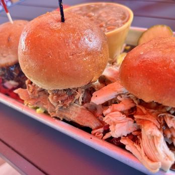 Boo And Henrys - Triple sliders - pork, beef, chicken and side of BBQ beans - Barbeque Near Me - Scottsdale, Arizona
