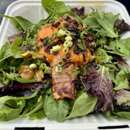 Salmon with Awesome sauce on a bed of greens. Salmon with Awesome sauce on a bed of greens.