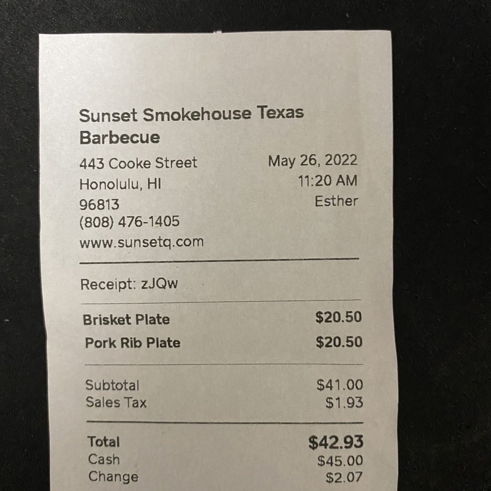 Sunset Texas Barbecue - New website on receipt should have tipped me off but I already paid when I received it. - Barbeque Near Me - Honolulu, Hawaii Sunset Texas Barbecue - New website on receipt should have tipped me off but I already paid when I received it. - Barbeque Near Me - Honolulu, Hawaii