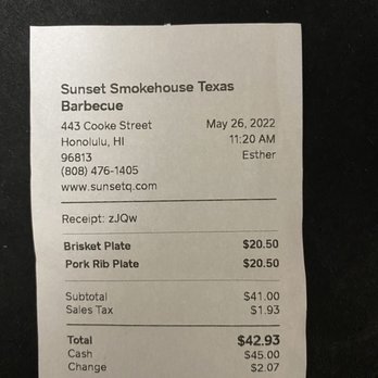 Sunset Texas Barbecue - New website on receipt should have tipped me off but I already paid when I received it. - Barbeque Near Me - Honolulu, Hawaii Sunset Texas Barbecue - New website on receipt should have tipped me off but I already paid when I received it. - Barbeque Near Me - Honolulu, Hawaii