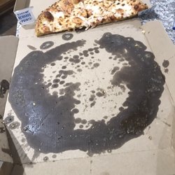 Domino's Pizza - This is the box from a plain pizza that looks like it had a violent case of night sweats during its delivery to our house.