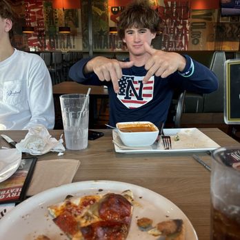 SPIN! Pizza - Spin Pizza: 3 meats pizza, and some tomato soup, - Pizza Near Me - Overland Park, Kansas