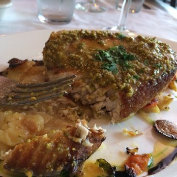 Carmelina's - Pistachio swordfish with blood orange saffron topping. I could eat the sautéed potatoes all day. - Italian Near Me - Boston, Massachusetts