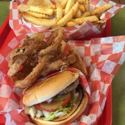 Dixie Burger w/ onion rings and Fish Basket w/ fries Dixie Burger w/ onion rings and Fish Basket w/ fries