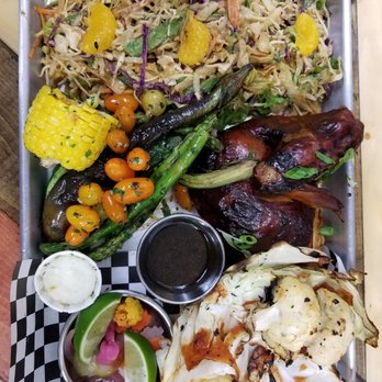 Lacquered - 1/4 chicken breast, with veggie medley (instead of noodles) and BBQ cauliflower and cabbage (instead of bread), cole slaw with peanut sauce. - Chicken Shop Near Me - Long Beach, California Lacquered - 1/4 chicken breast, with veggie medley (instead of noodles) and BBQ cauliflower and cabbage (instead of bread), cole slaw with peanut sauce. - Chicken Shop Near Me - Long Beach, California