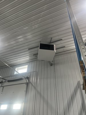 Shop heaters - This shop heater project consisted of the installation of 4 Reznor hanging unit heaters. The heaters were strategically placed to create a circular rotation around the perimeter of the building, resulting in a more even heating pattern. Building has 20 foot ceiling. Shop heaters - This shop heater project consisted of the installation of 4 Reznor hanging unit heaters. The heaters were strategically placed to create a circular rotation around the perimeter of the building, resulting in a more even heating pattern. Building has 20 foot ceiling.