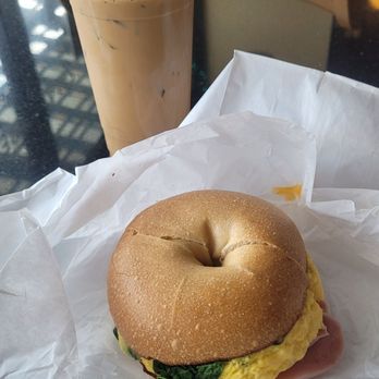 Posh Bagel - Large Vietnamese Iced Coffee, Eggwich DeLuxe on Plain Bagel (no mushrooms) - Bagels Near Me - Fremont, California