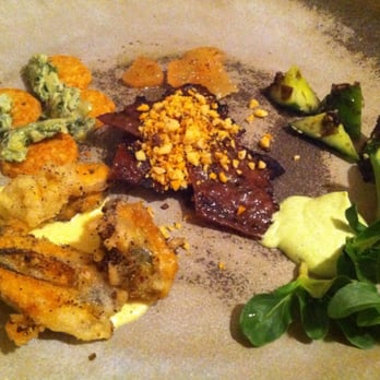 The Progress - Complimentary Bites (Asian Style Jerky w/Peanuts, Arugula Sprouts, Fried Oysters, Cheez-It, Pomelo, Pickled Cucumber) - New American Near Me - San Francisco, California The Progress - Complimentary Bites (Asian Style Jerky w/Peanuts, Arugula Sprouts, Fried Oysters, Cheez-It, Pomelo, Pickled Cucumber) - New American Near Me - San Francisco, California