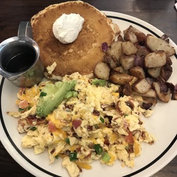Corner Bakery - Anaheim Scrambler with a side of pancakes - Sandwiches Near Me - Skokie, Illinois