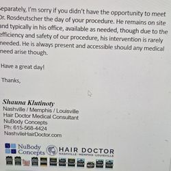 NuBody Concepts - Her response.  She wasn't there the day of the procedure either.  This was a Friday and there was no medical doctor present.