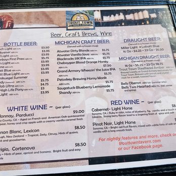 Trout Town Tavern & Eatery - Drink menu - American Near Me - Kalkaska, Michigan Trout Town Tavern & Eatery - Drink menu - American Near Me - Kalkaska, Michigan
