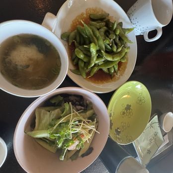 Murakami - Salad and miso soup come with the lunch special and we also ordered garlic edamame - Japanese Near Me - Los Angeles, California