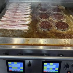 Just Good Meat - Cooking up the Monday Lunch Special. Bacon Cheesburgers at Just Good Meat!
