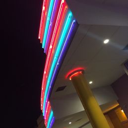 Colorful lights above the front entrance. Colorful lights above the front entrance.